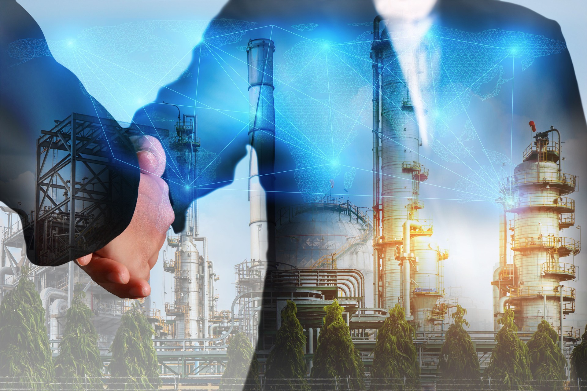 Double exposure of handshake, digital light networking world map, Electric Generating, fuel oil Factory and Energy Industry plant at sunset as business, commitment, teamwork and industrial concept.